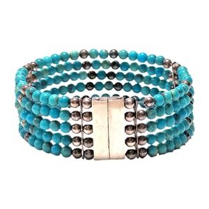 Sterling Silver .925 Turquoise Beaded Multi-Strand Magnetic‎ Cuff Bracelet 30g
